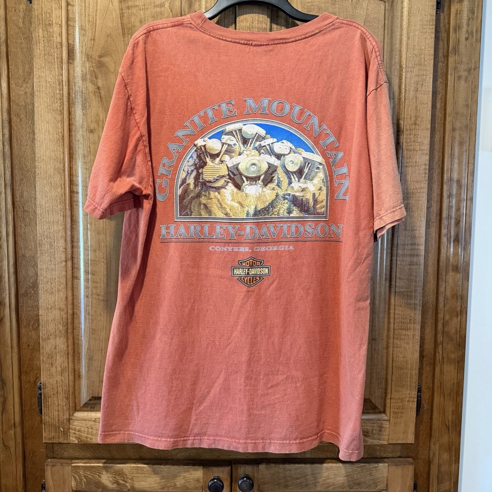 Mens Harley Davidson Graphic T Shirt Orange Granite Mountain Size Large Vintage